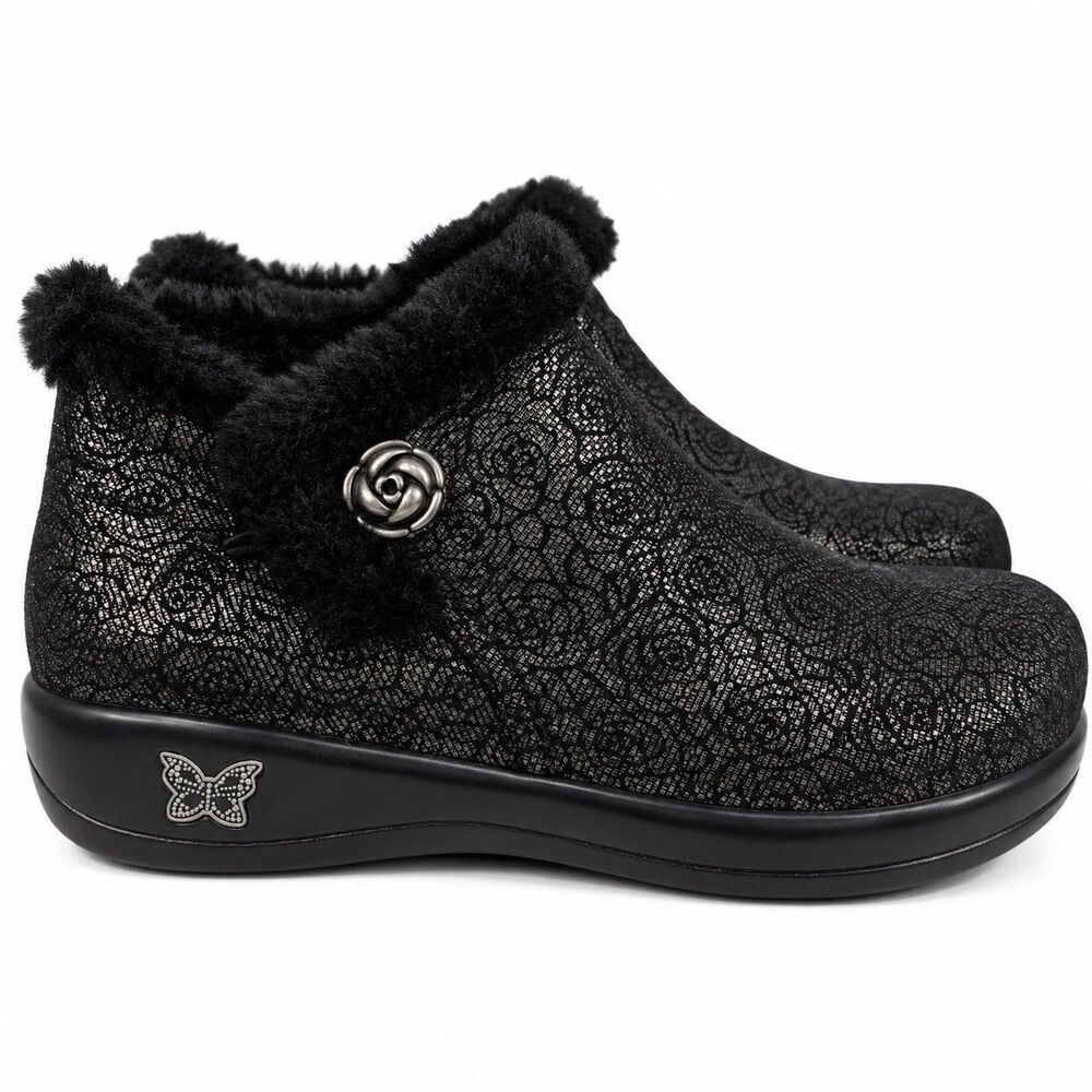 Alegria Meri Ankle Boots Womens EU 38 Black Floral Leather Faux Fur Comfort Shoe